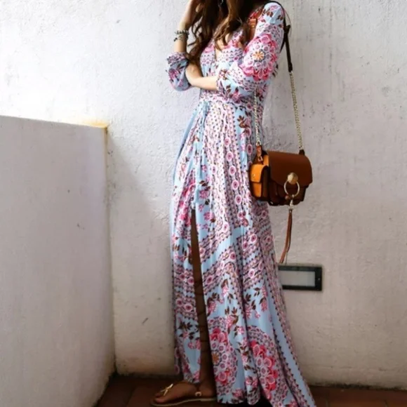SOLD OUT Blue Floral Bohemian Long Button Up Maxi Dress - Picture 4 of 6